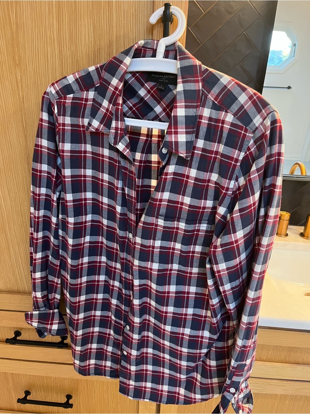 Banana Republic Women’s Plaid Button-Down Shirt — Navy, Red & White